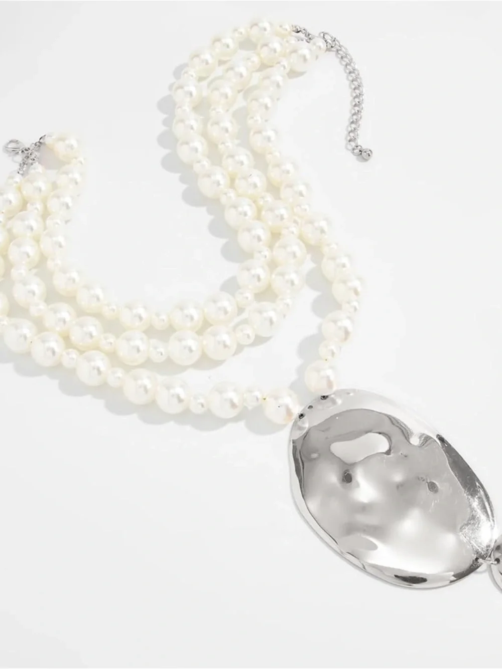 Anthropologie White Pearl Multi-Strand Necklace with Hammered Silver Drops